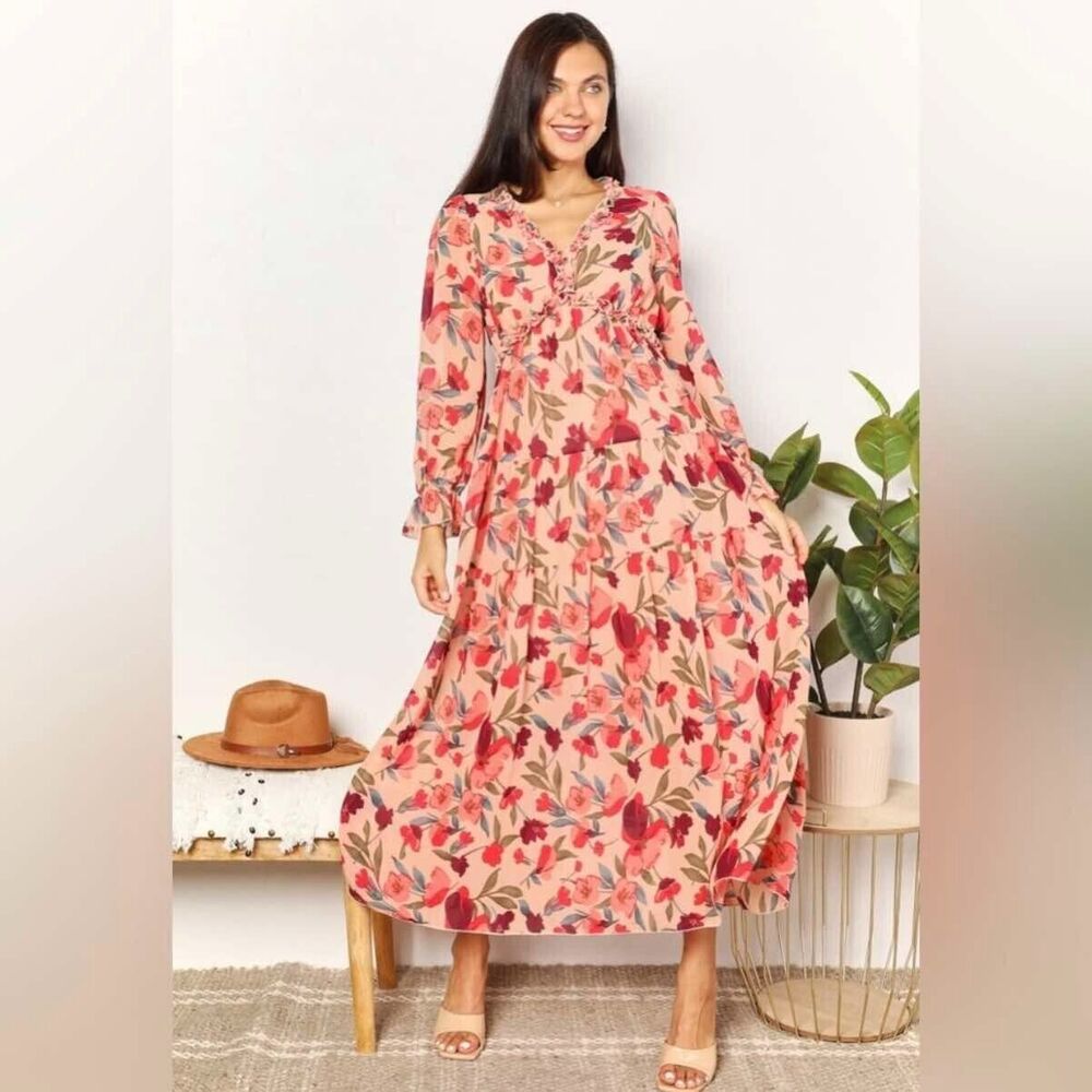 Double Take Floral Frill Trim Flounce Sleeve Plunge Maxi Dress Women's Size L